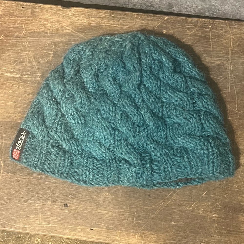 Teal Sherpa 100% Wool Cable Knit Beanie Made in Nepal Handknitted Fleece